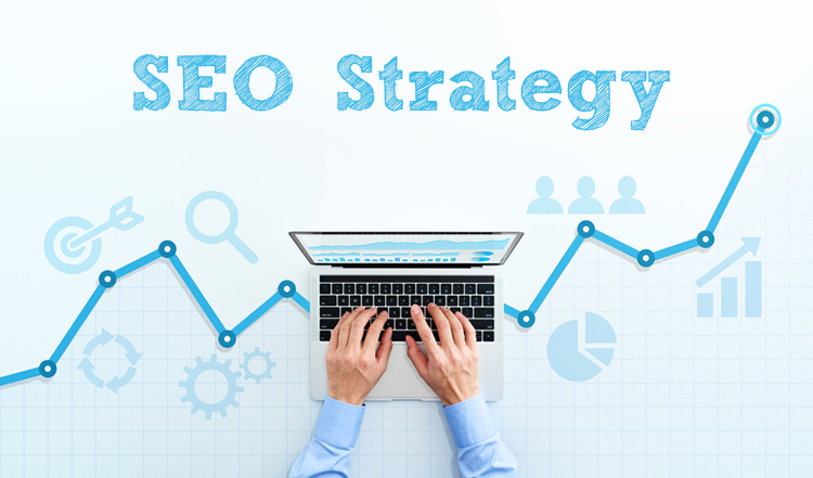 hands typing on laptop with the words SEO Strategy above