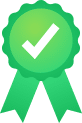 Green award ribbon with a white checkmark in the center, symbolizing approval or certification.
